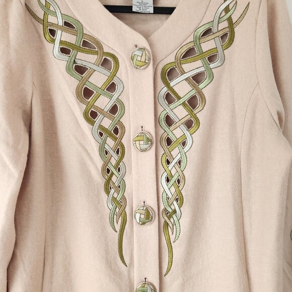 VTG Bob Mackie Wearable Art Wool Blazer Jacket Irish Embroidery Beige Women's L - Picture 3 of 7